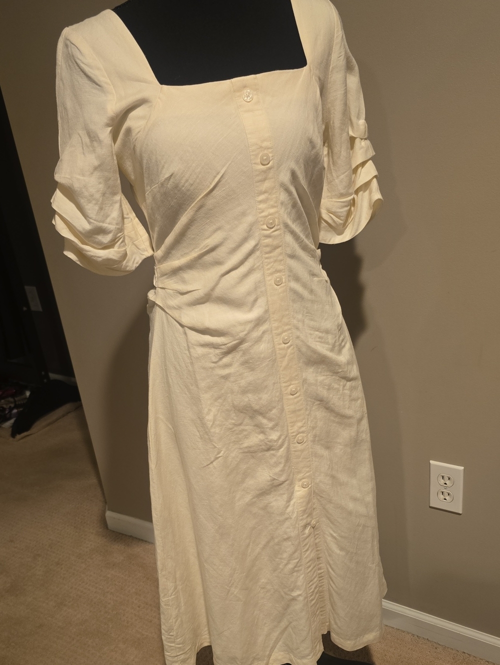 LOFT Cream Square-Neck Button Midi Dress